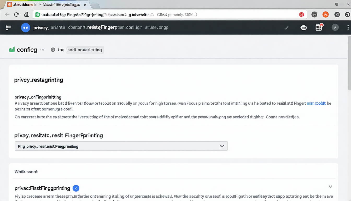 Firefox about:config with resist fingerprinting setting visible.