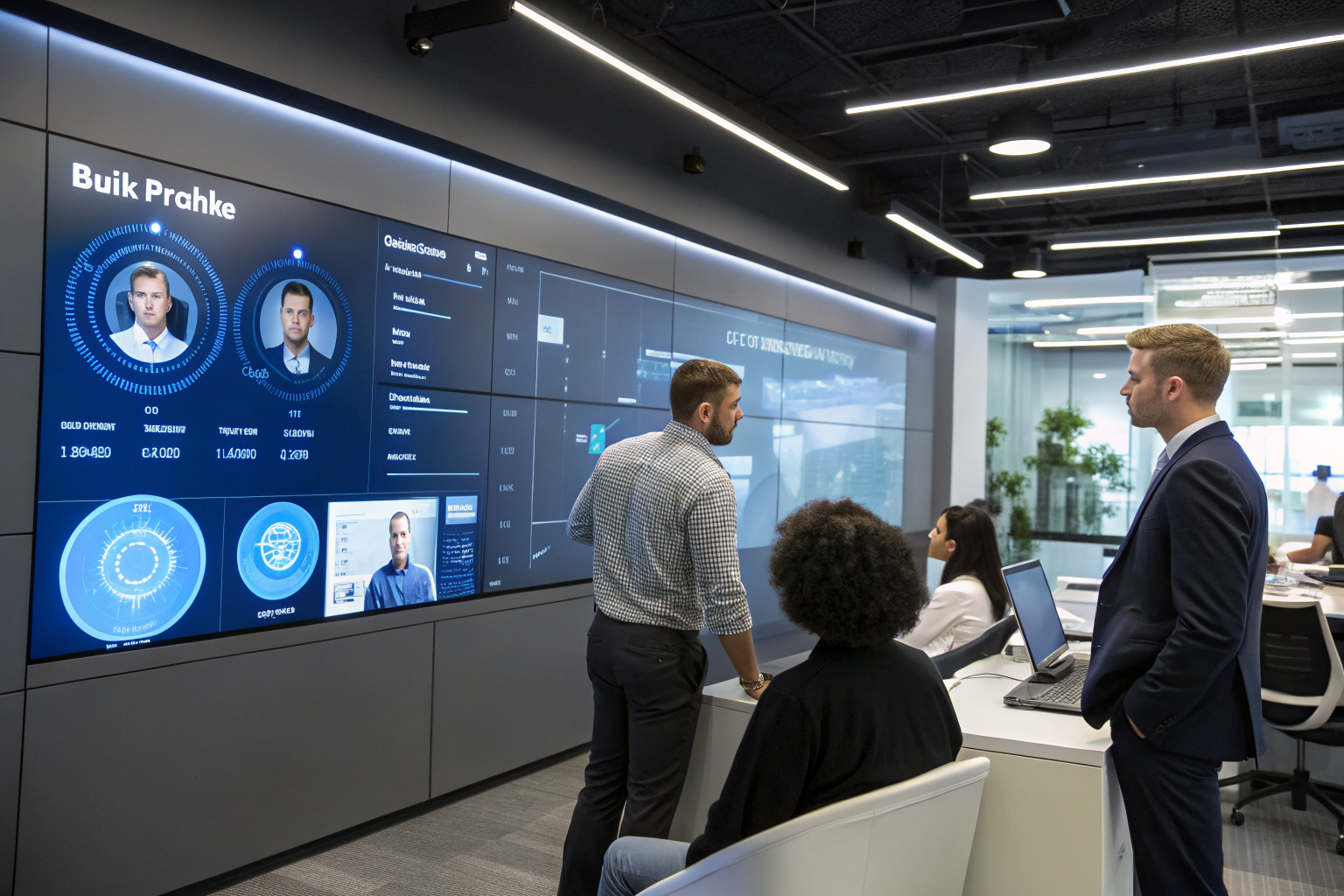 Team observing bulk profile creation on a digital display