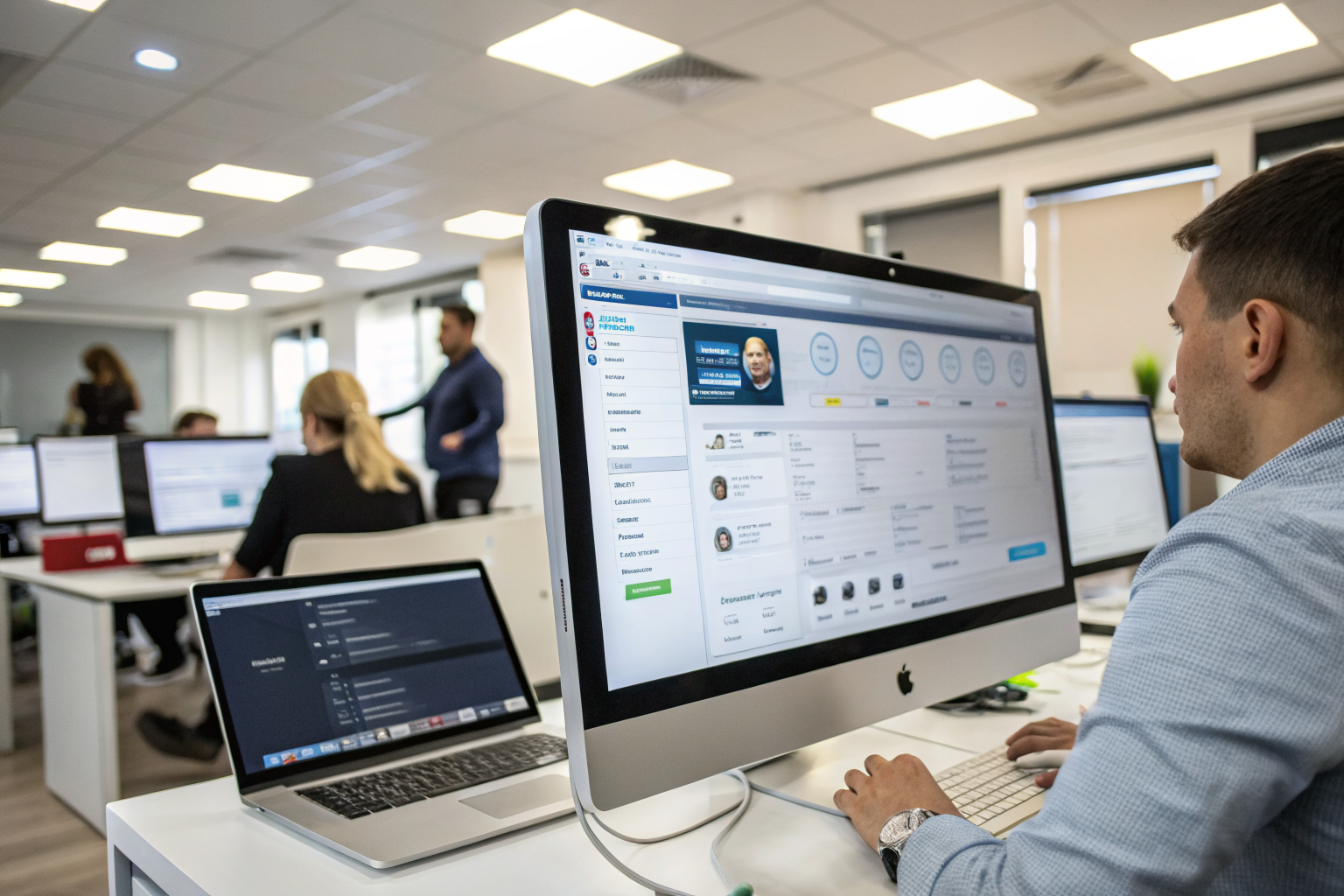 Tech office with monitor showing multi-account management software