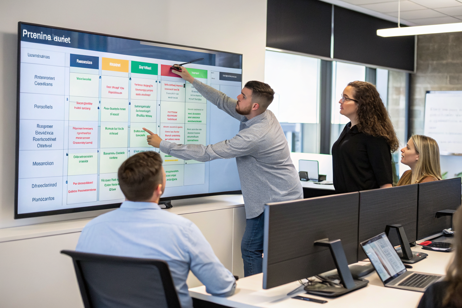 Team reviewing permission level chart in an office setting