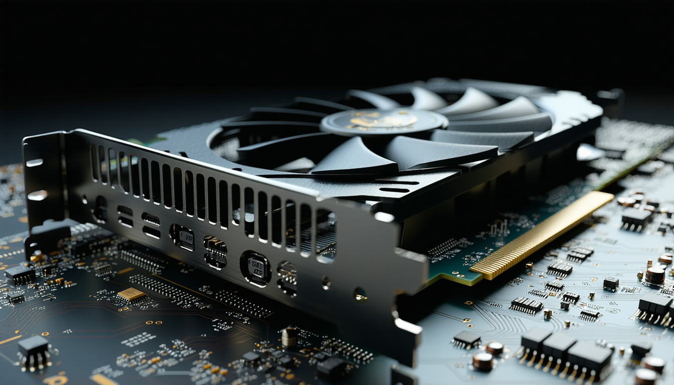 Close-up of a graphics card showcasing its components.
