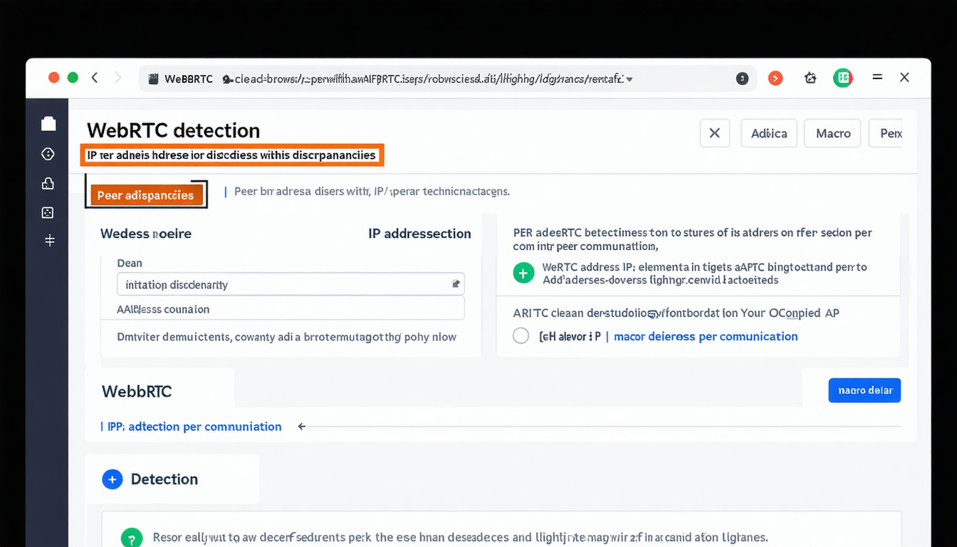 Web browser interface with WebRTC detection and IP discrepancies.