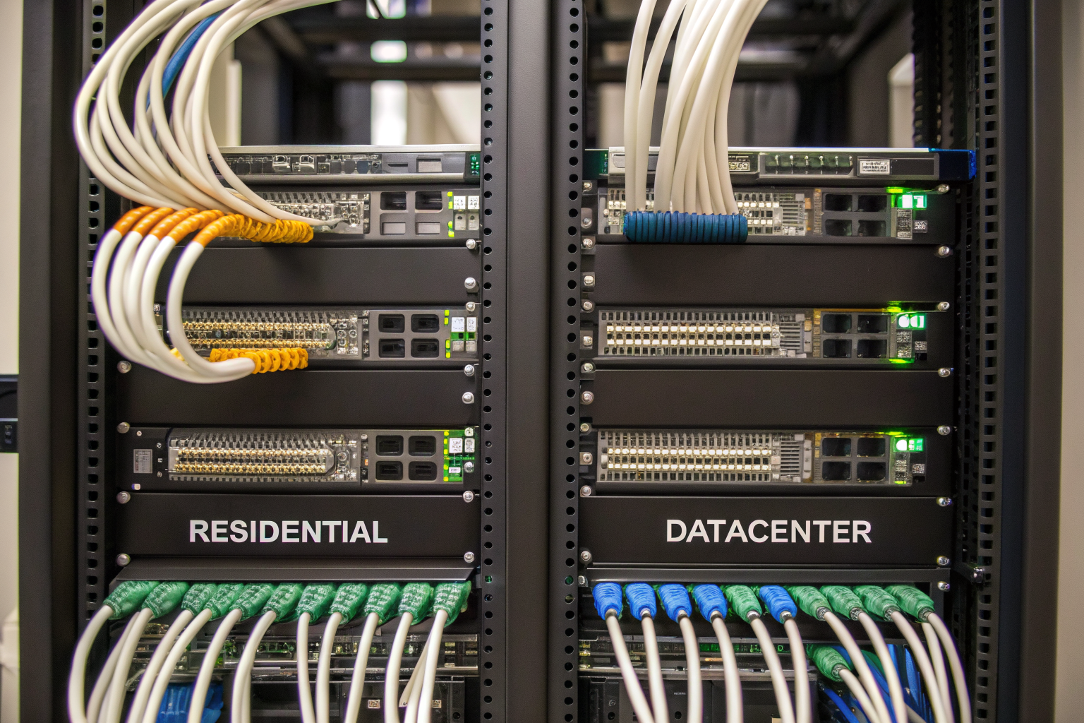 Two servers labeled 'Residential' and 'Datacenter' with data screens.